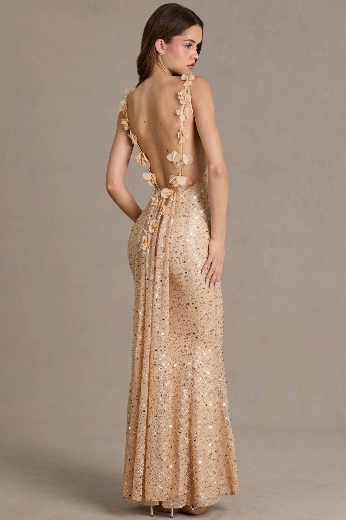 Premium Embellished Open-Back Maxi Dress in Gold