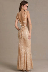 Premium Embellished Open-Back Maxi Dress in Gold