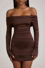 Bow-Detail Off-Shoulder Mini Dress in Chocolate Brown