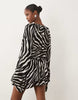 Gina Tricot Long Sleeve V Neck Chiffon Mini Dress In Black Zebra Print