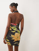 Halter Fringed Print Floral Mini Dress In Black