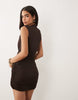 Plunge Draped Mesh Mini Dress With Knot Detail In Brown