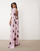 Mesh Maxi Dress With Scarf Drape Detail In Pink And Brown Polka Dot