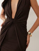 Plunge Draped Mesh Mini Dress With Knot Detail In Brown