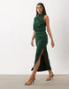 Draped Structured Midi Dress With Split In Dark Green Scuba-Style Fabric