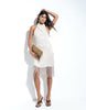 Satin Cowl Neck Fringe Detail Mini Dress In Ivory